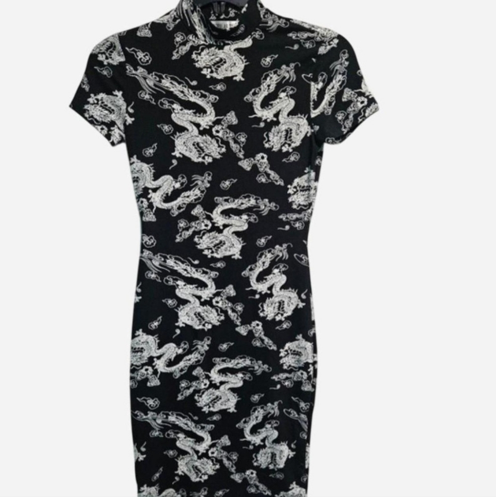 Black and White Dragon Print Mini Dress